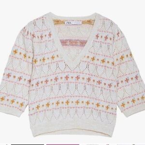 ZARA Floral Pattern Knit V-Neck Sweater